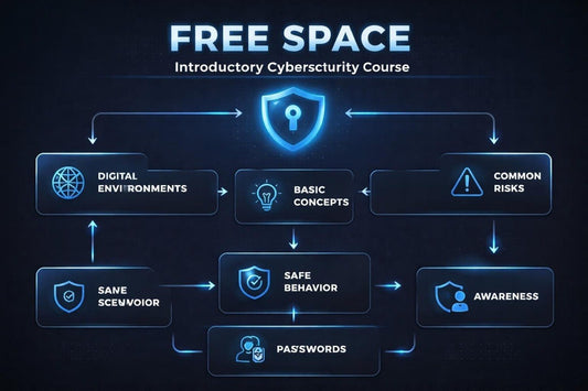 Flowchart of an introductory cybersecurity course titled 'Free Space'.