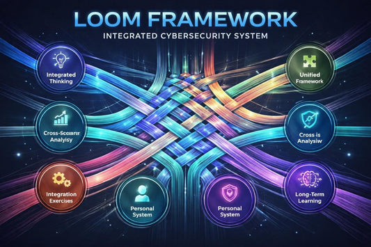 Loom Framework Integrated Cybersecurity System with colorful network design on a dark background