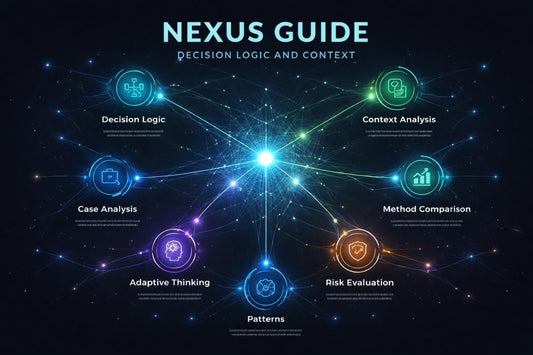Nexus Guide diagram with decision logic and context elements on a dark background