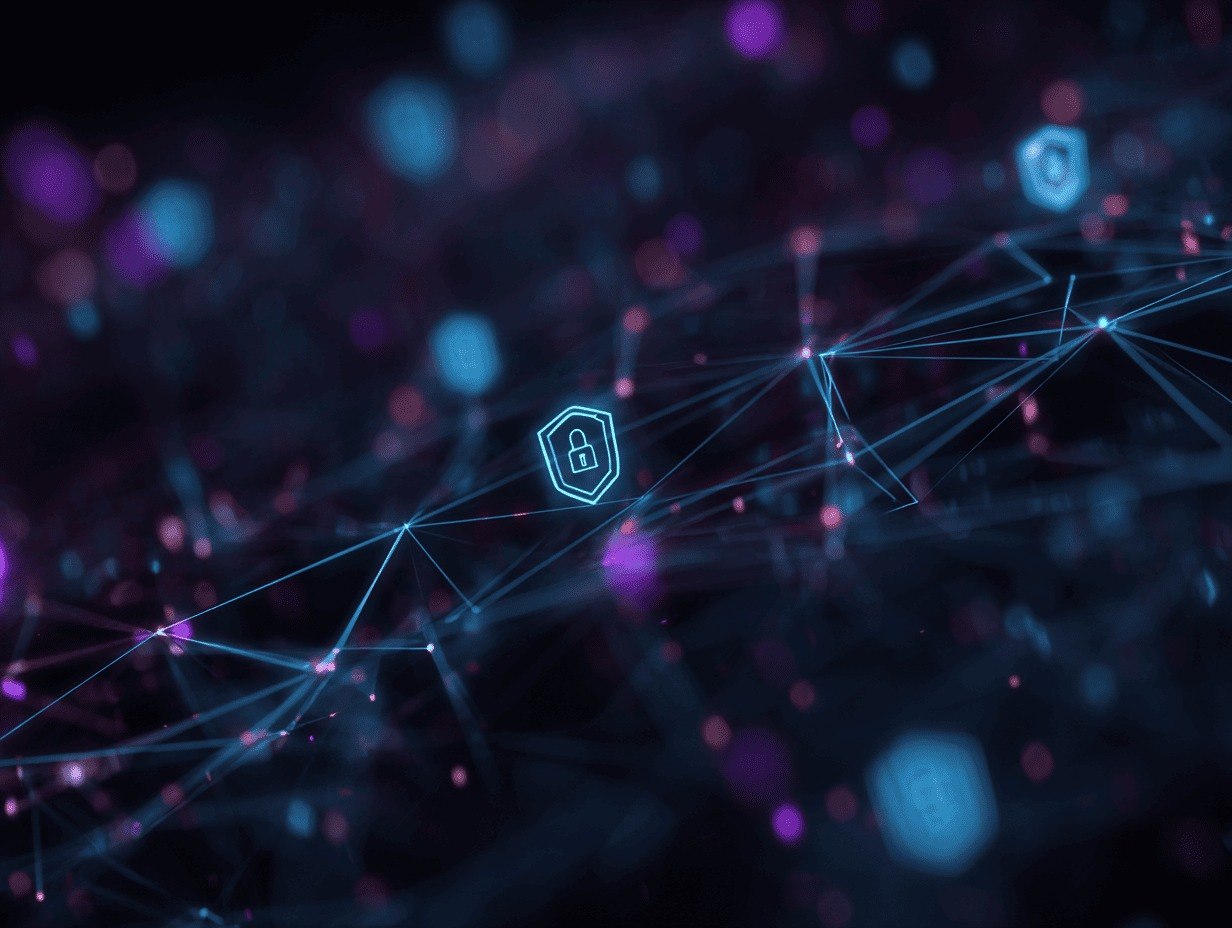 Abstract network of lines with a lock icon on a dark background