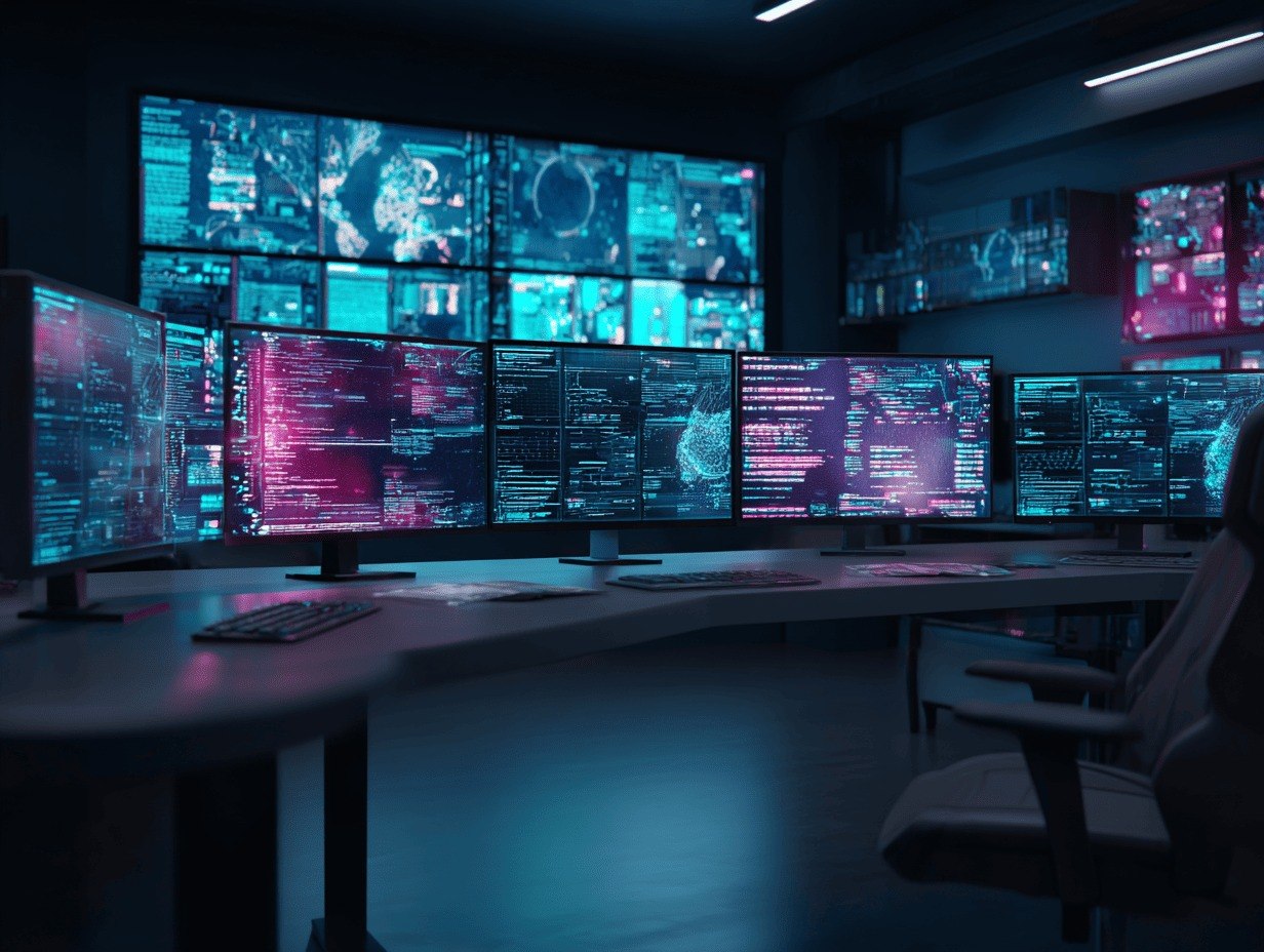 Control room with multiple computer monitors displaying various data and graphics.
