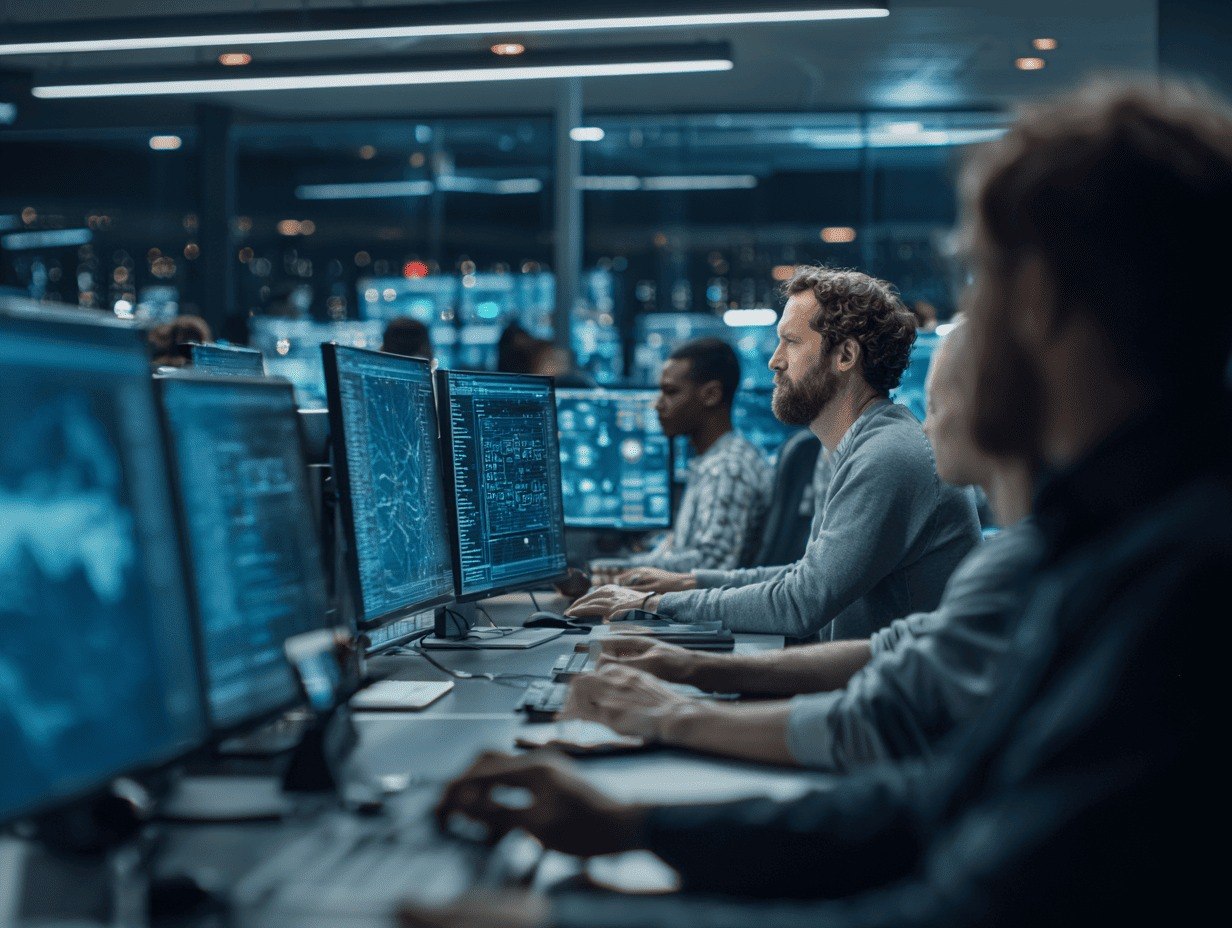 People working at computer monitors in a control room setting