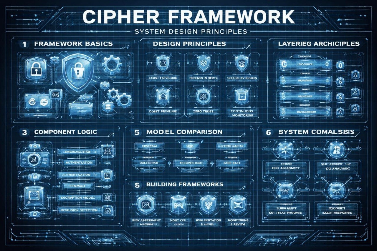 Cipher Framework system design principles diagram with blue and black color scheme
