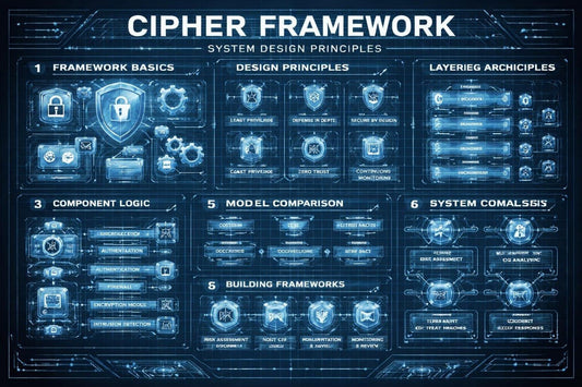 Cipher Framework system design principles diagram with blue and black color scheme
