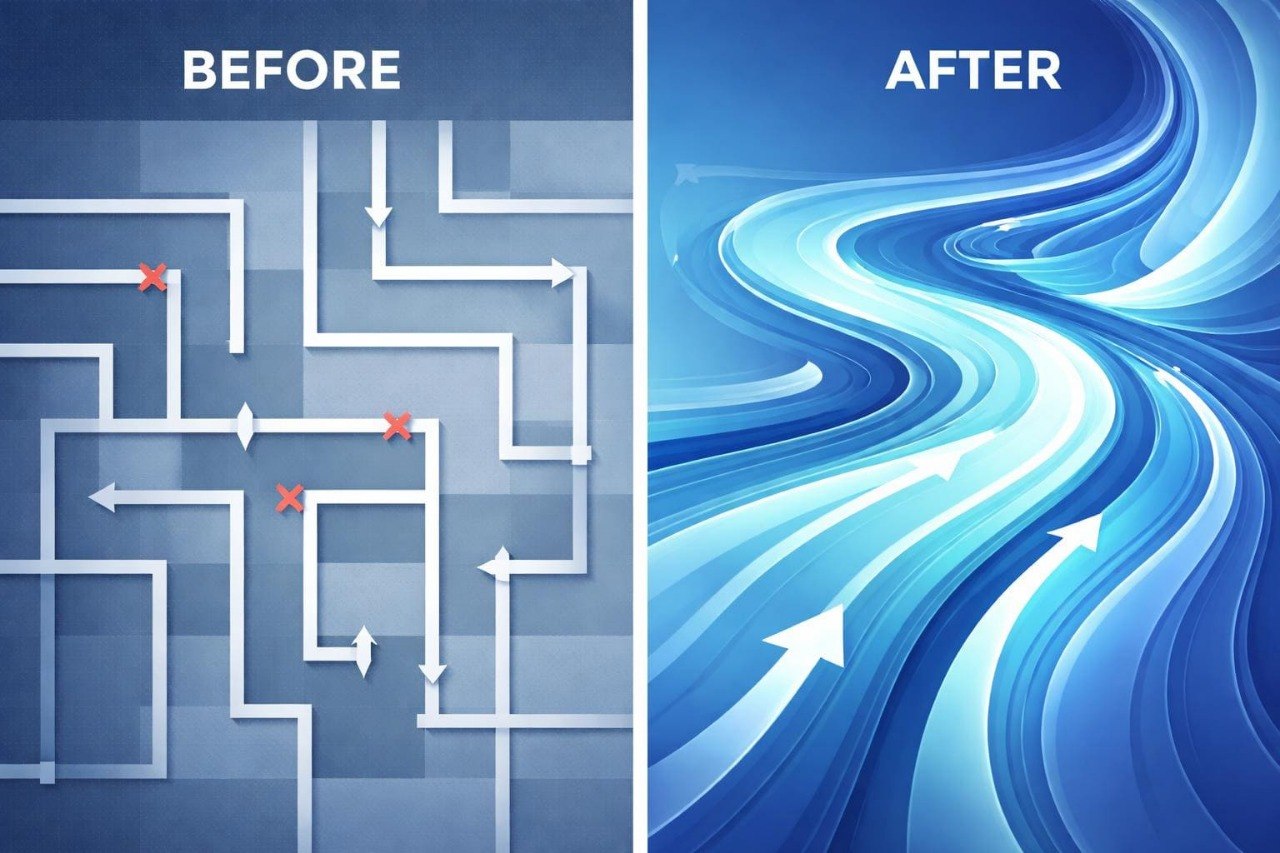 Comparison of a complex diagram labeled 'Before' and a simplified, flowing design labeled 'After'.