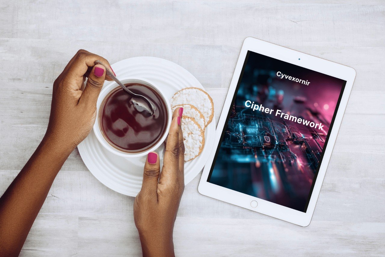 Person holding a cup of coffee with a tablet displaying 'Cyvexonir Cipher Framework' on a light surface.