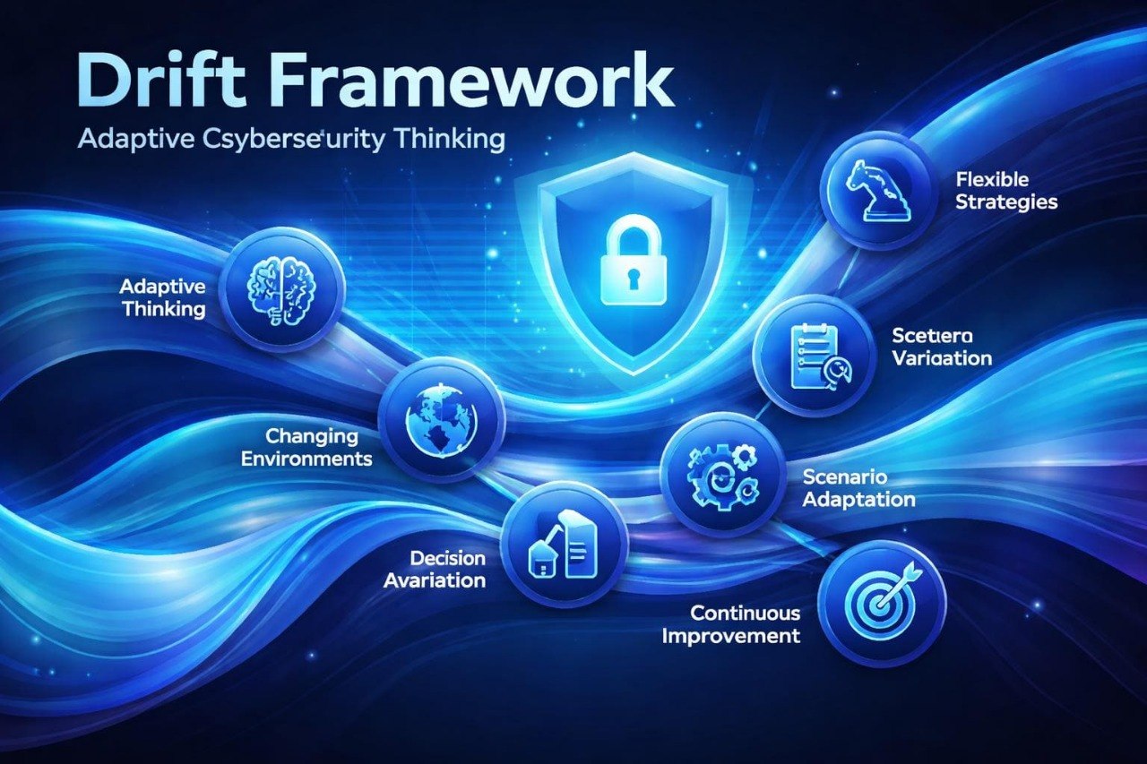 Drift Framework for adaptive cybersecurity thinking with blue and black background