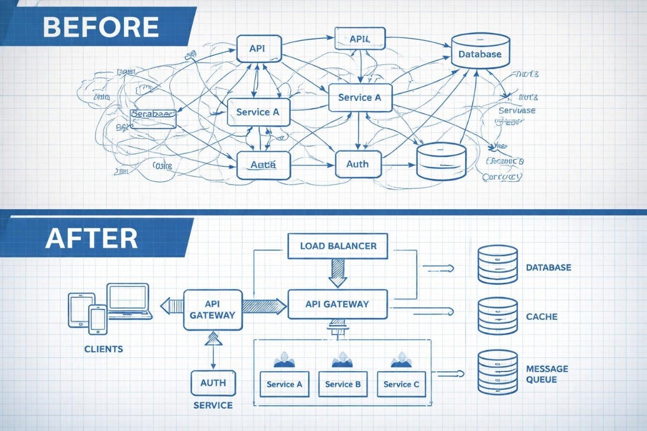 Comparison of complex system architecture diagram labeled 'Before' and simplified version labeled 'After'.