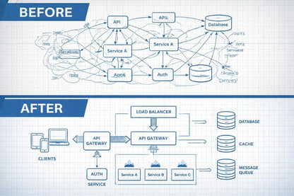 Comparison of complex system architecture diagram labeled 'Before' and simplified version labeled 'After'.