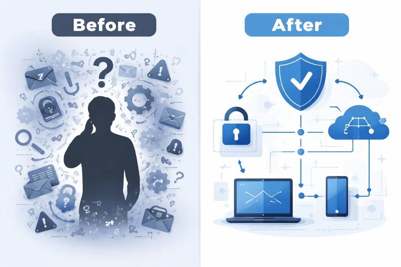 Before and after comparison of a person with security icons on the left and secure communication symbols on the right.