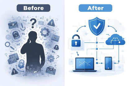 Before and after comparison of a person with security icons on the left and secure communication symbols on the right.
