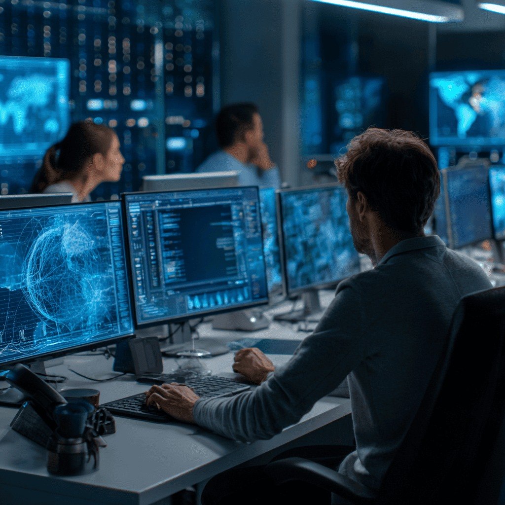 Person working at a desk with multiple computer monitors in a dark room with blue lighting.