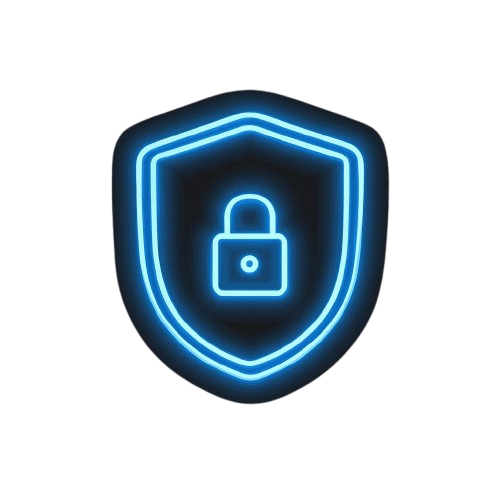 Neon blue shield icon with a lock symbol on a white background