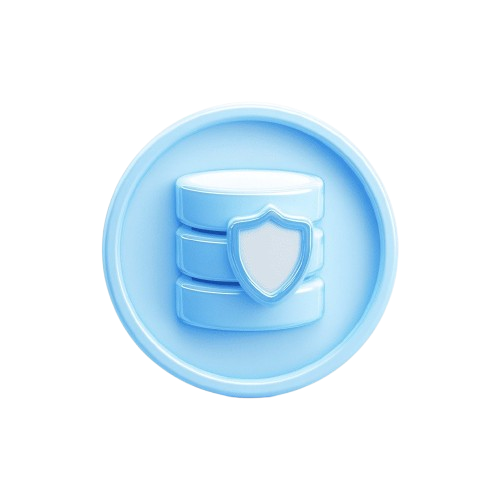 Icon of a database with a shield on a light blue circle