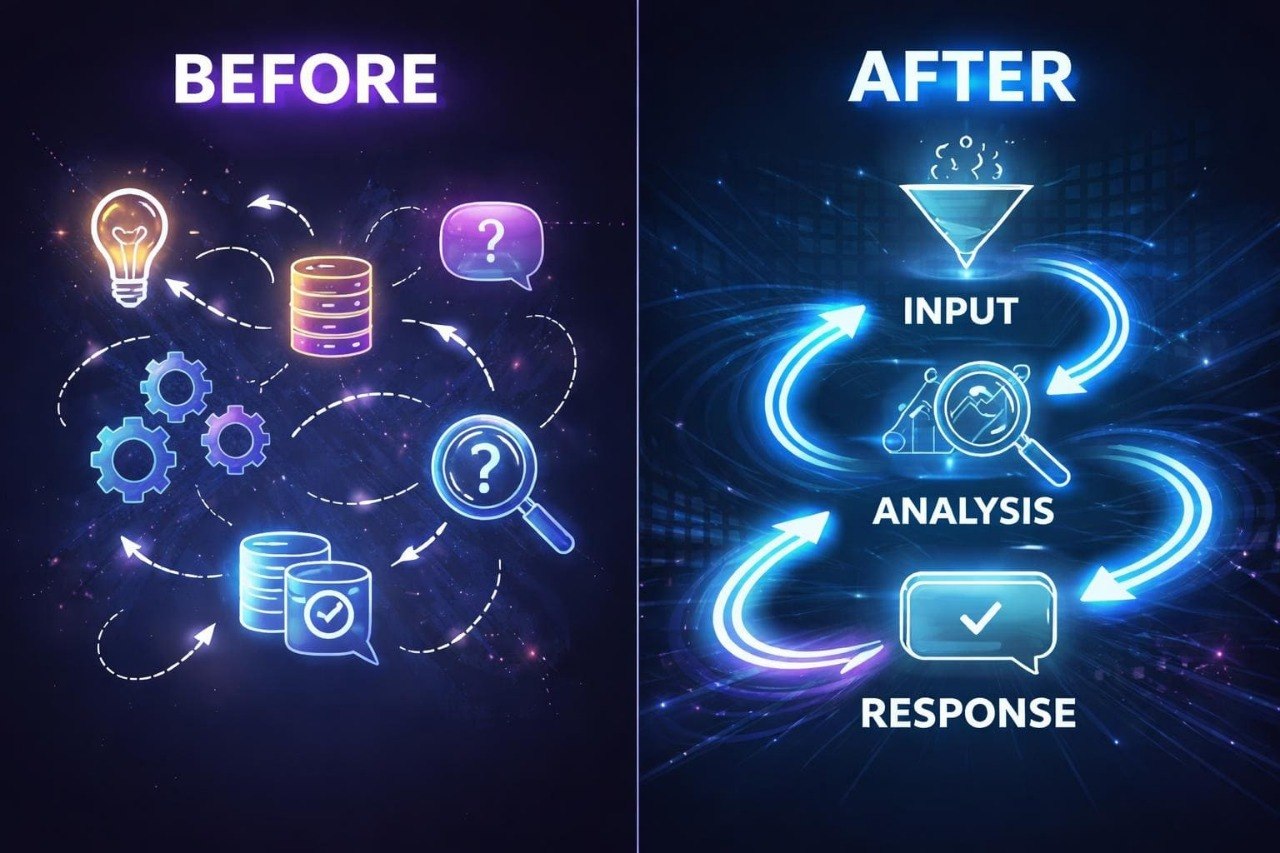 Before and after comparison of a digital process flowchart with glowing elements on a dark background.