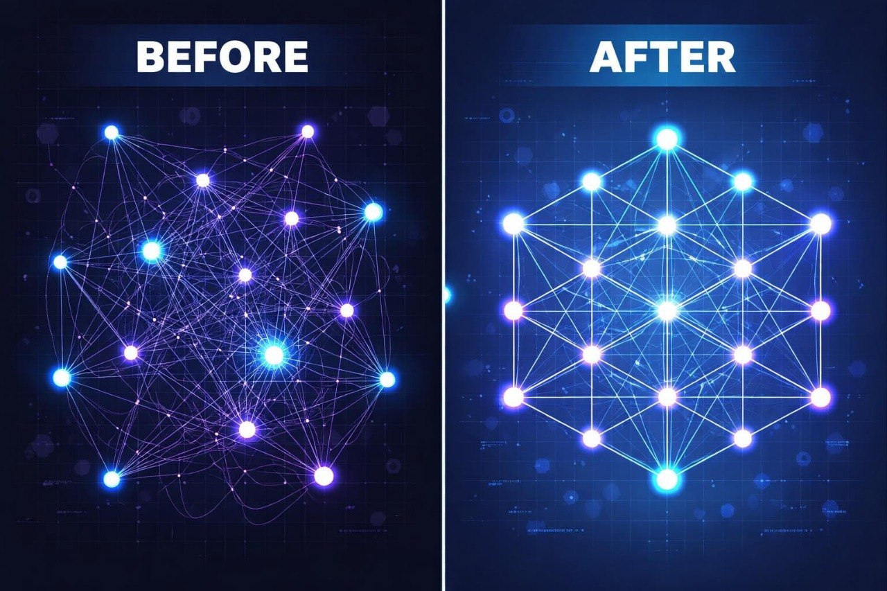 Before and after comparison of a network diagram transformation on a dark background.