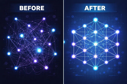 Before and after comparison of a network diagram transformation on a dark background.