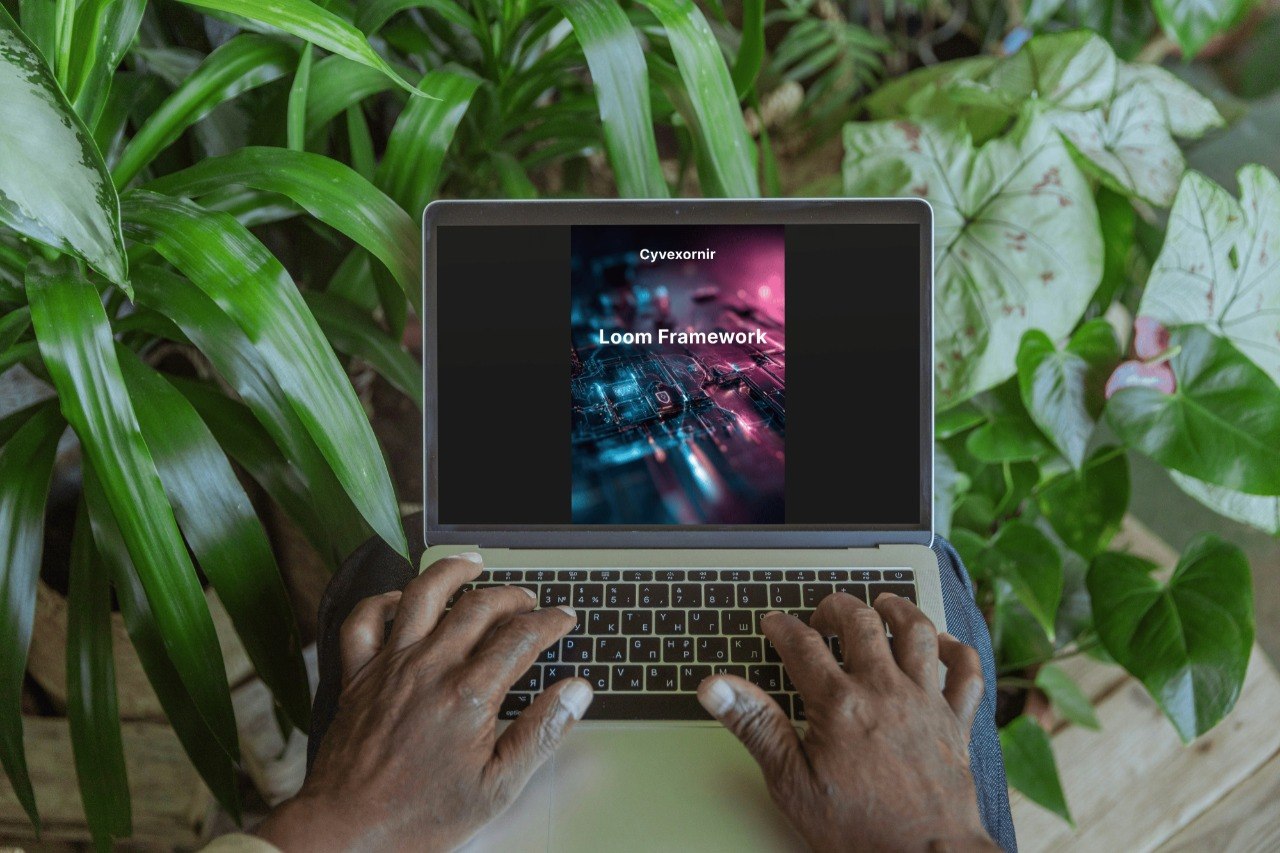 Person using a laptop with 'Gyewax' and 'Loom Framework' on the screen, surrounded by green plants.