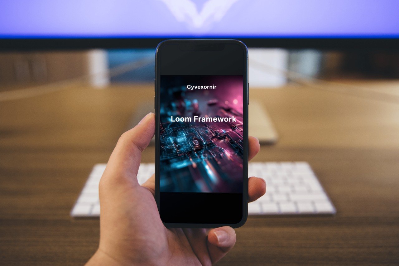 Hand holding a smartphone with Cyversein app on a blurred office background