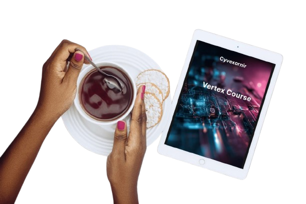 Person holding a cup of coffee with a tablet displaying 'Cyveaorir Vertex Course' on a white background