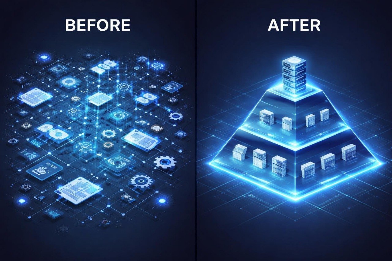 Before and after comparison of a digital pyramid structure with glowing elements on a dark background.