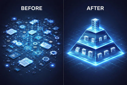 Before and after comparison of a digital pyramid structure with glowing elements on a dark background.