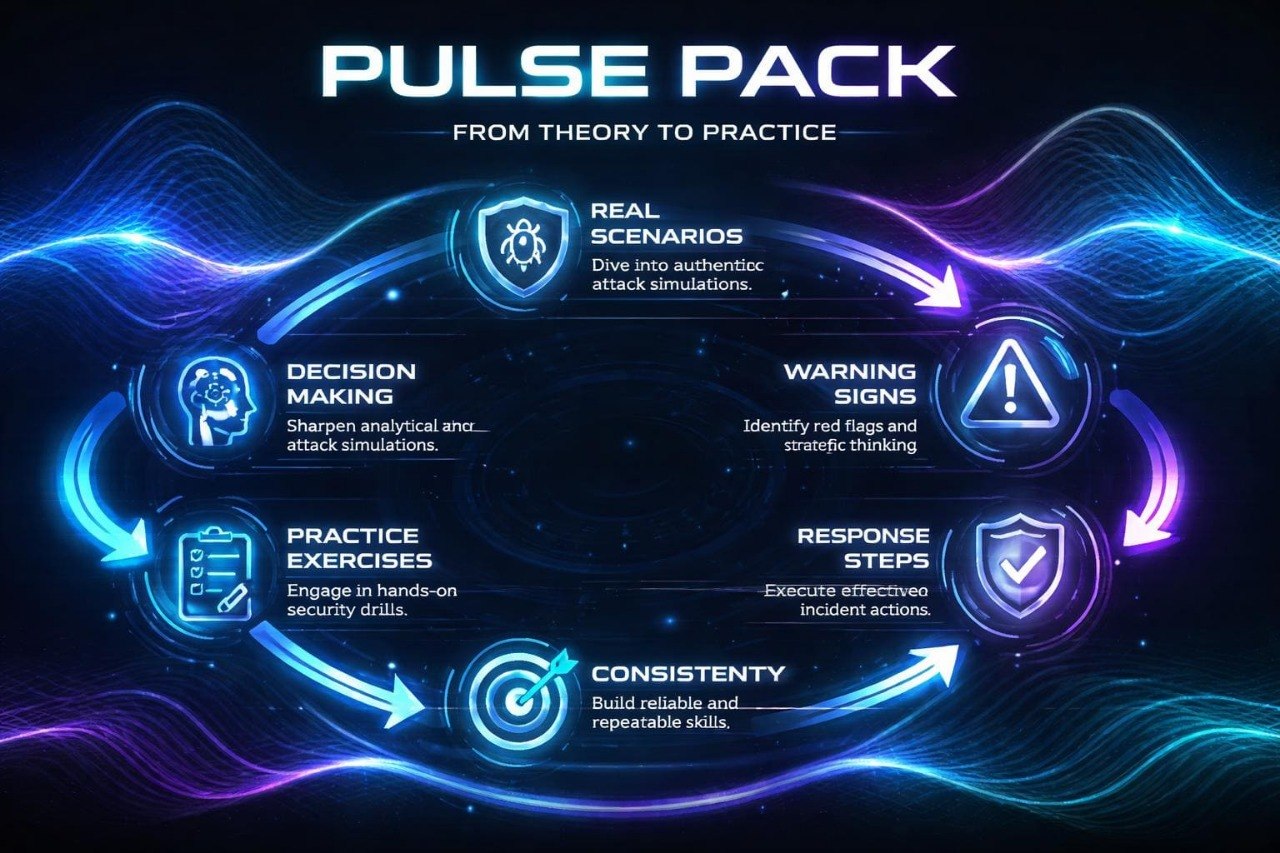 Pulse Pack educational program flowchart with blue and purple wave design on a dark background
