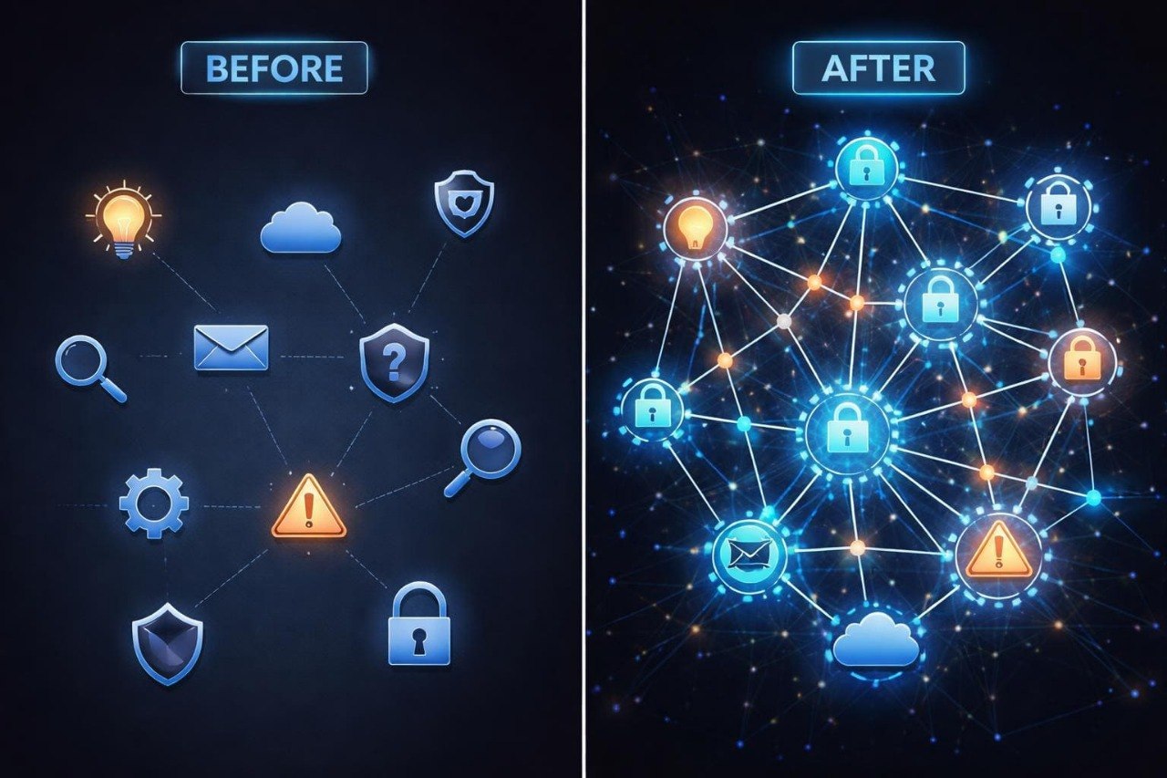 Before and after comparison of digital icons on a dark background with network-like connections.
