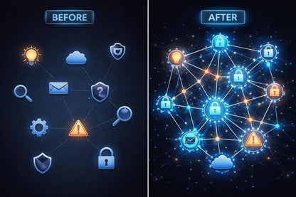 Before and after comparison of digital icons on a dark background with network-like connections.