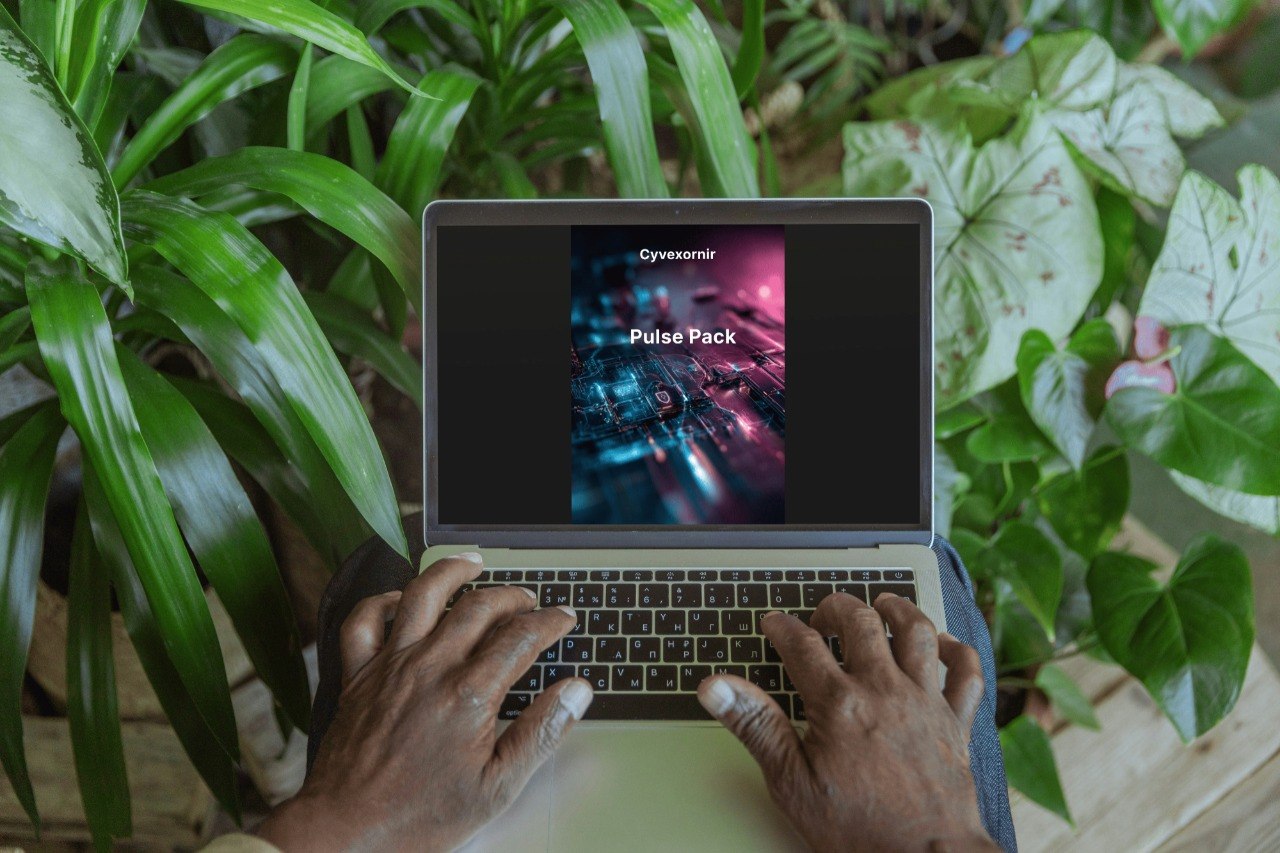 Person using a laptop with a 'Pulse Pack' screen in a green, leafy environment