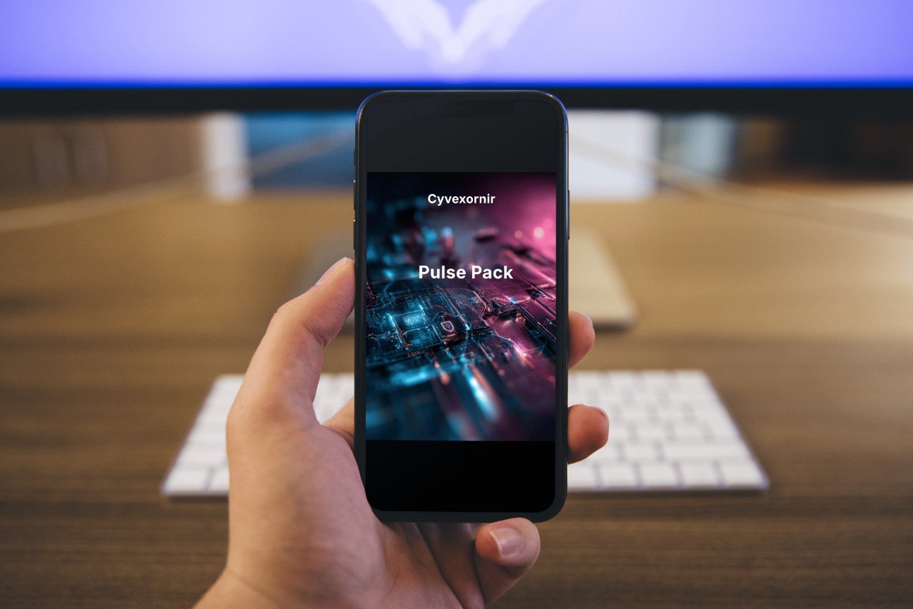 Hand holding a smartphone with a Cyveronir app displayed, in front of a blurred office setup.