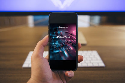 Hand holding a smartphone with a Cyveronir app displayed, in front of a blurred office setup.