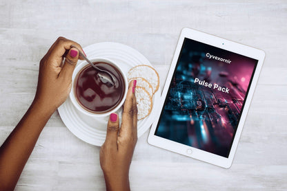 Person holding a cup of coffee with a tablet displaying 'Cyvexornir Pulse Pack' on a light surface.