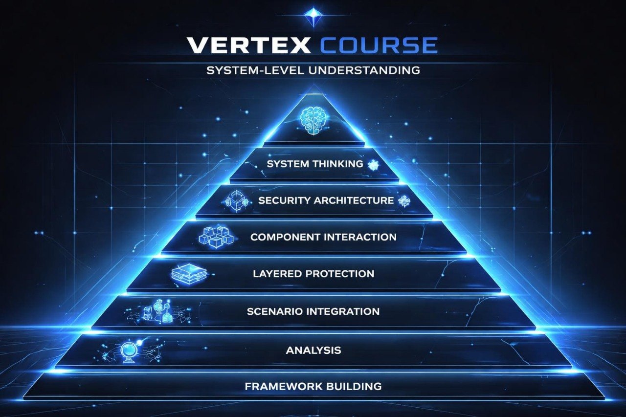Pyramid diagram with 'Vertex Course' system-level understanding levels on a dark background