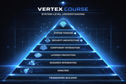 Pyramid diagram with 'Vertex Course' system-level understanding levels on a dark background