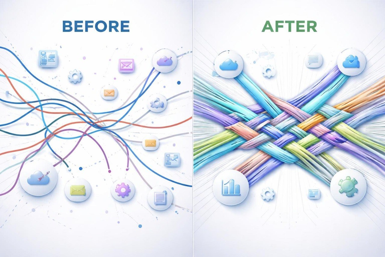 Comparison of tangled lines and icons on the left with organized, colorful lines and icons on the right.