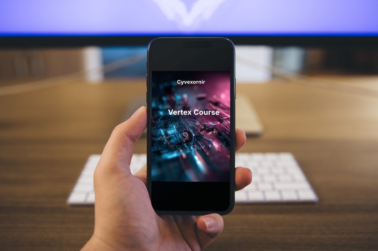 Hand holding a smartphone with a Cyverse app interface on a blurred office desk background